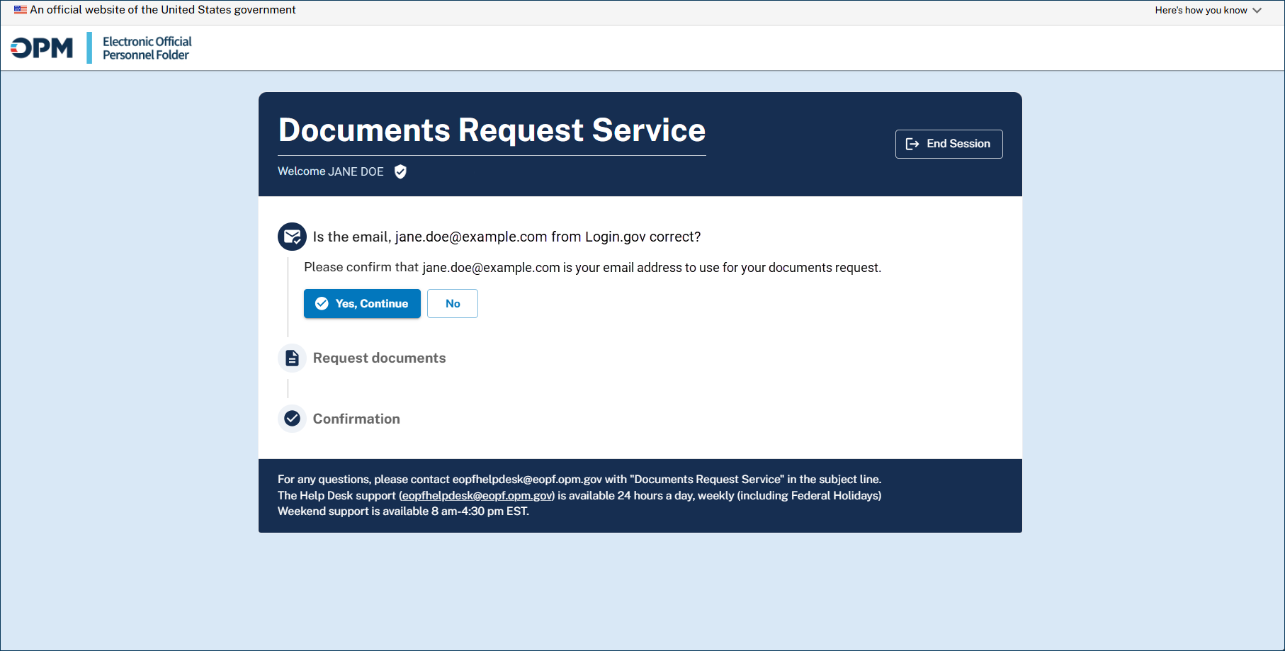 Documents Request Service email confirmation step asking if the Login.gov email address is correct, with Yes, Continue and No buttons.