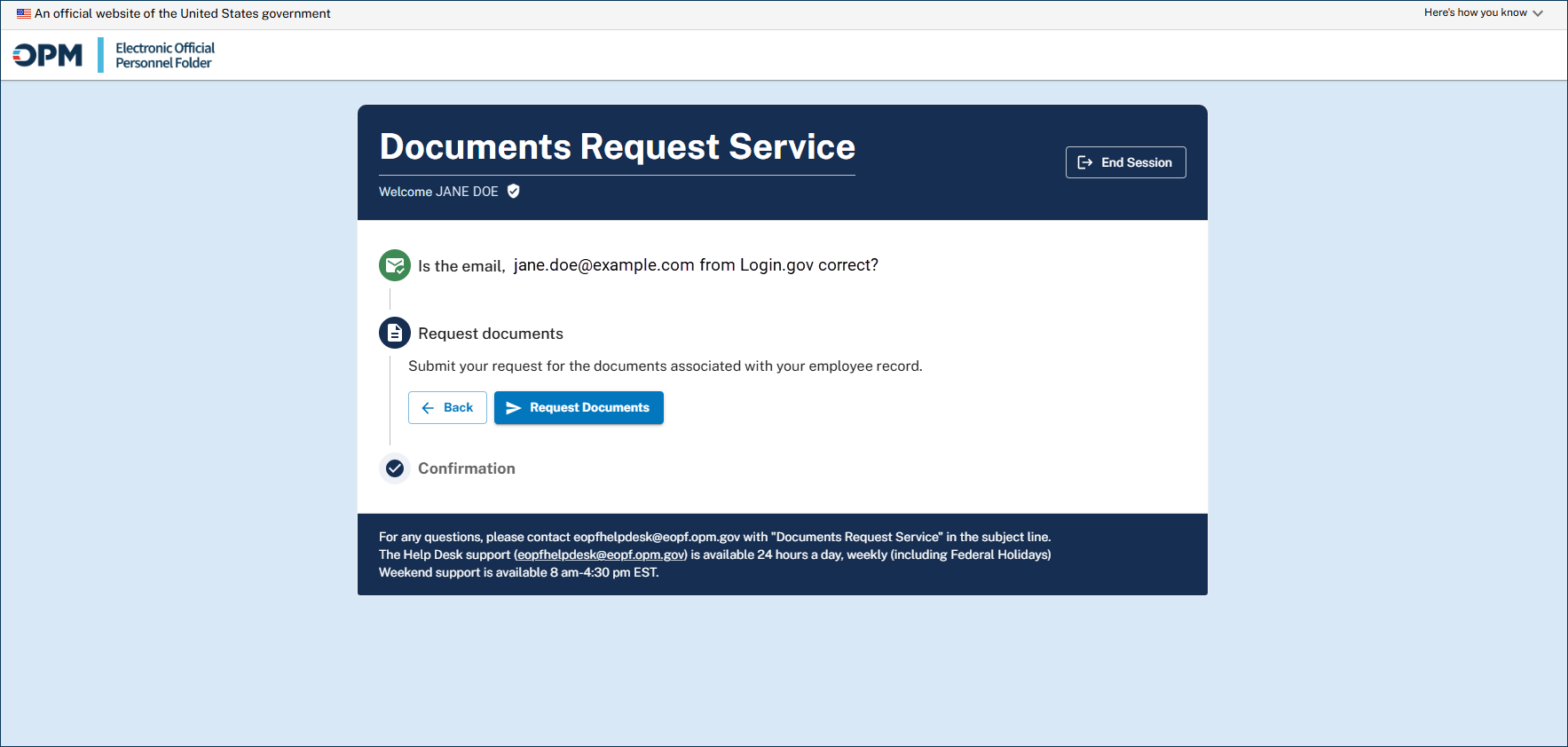 Documents Request Service page with the Request documents section active and the Request Documents button available.