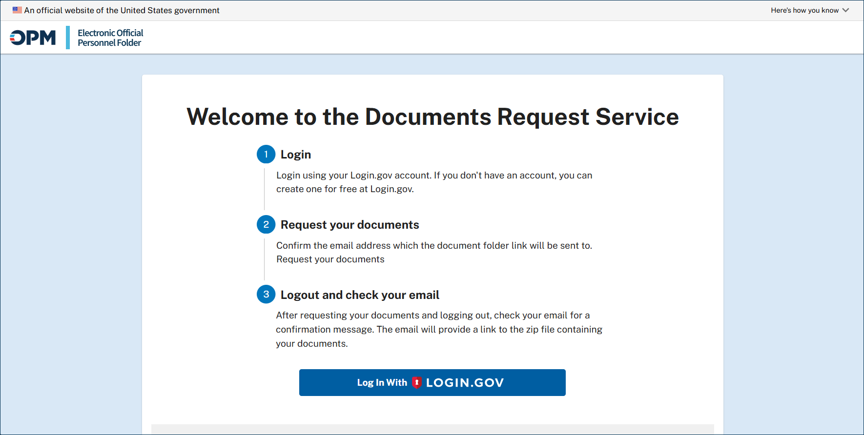 Documents Request Service welcome page showing the Log In with Login.gov button below a three-step process: log in, request your documents, then log out and check your email.