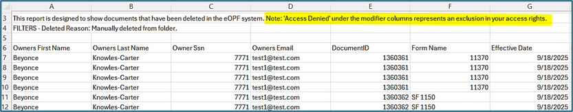 CSV report with a note explaining that “Access Denied” in modifier columns means the HR Professional does not have access rights to view that user information.